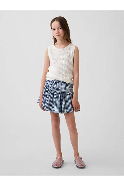 GAP Kız Çocuk Mavi Gingham Denim Katmanlı Şort Etek