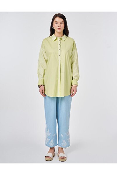 Kayra Kyr Women's Fabric Garnished Cotton Shirt Collar Embroidered Hidden But...