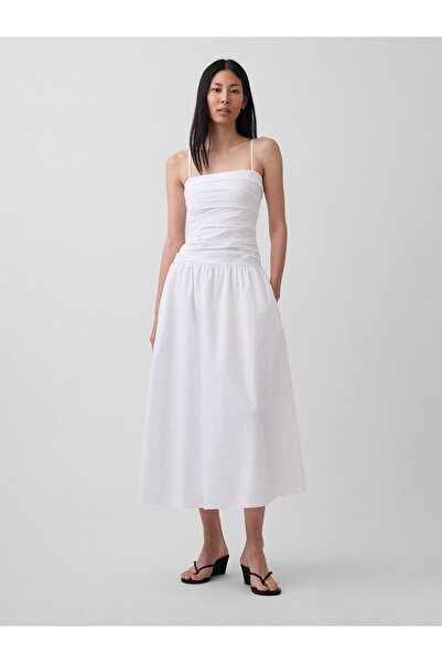 GAP Kadın Beyaz Poplin Drop-Waist Maxi Elbise