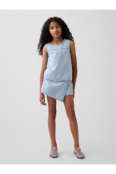 GAP Kız Çocuk Mavi Gingham Denim Wrap-Front Mini Şort Etek