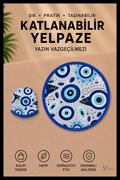MAZEN Nazar Boncuğu Desenli Katlanabilir Yuvarlak Yazlık Taşınabilir El Yelpa...