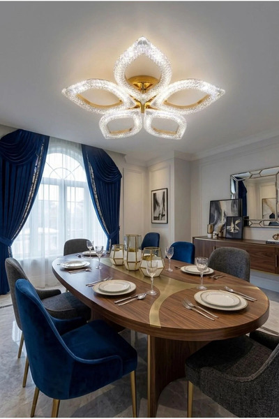 Lüxev Lighting Flora Model Gold 5"li Ledli 3 Renk Modu Kristal Salon Mutfak Y...