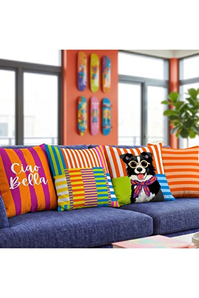 MİNOZA Husă de pernă decorativă modernă cu design în dungi colorate, 4 bucăți