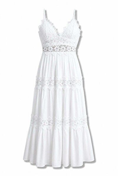 5in1Canpolat White Lace Maxi Dress 39856