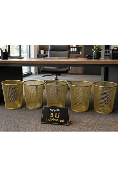 Hey ÇeLik | 5’li Set | Gold Hasır Fileli Metal Masa Altı Çöp Kovası