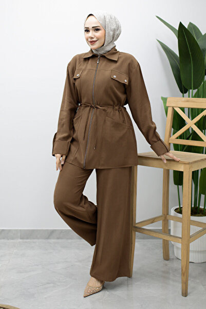 Tesettür Dünyası Çakım Detailed Double Suit with Pockets Tsd260215 Brown