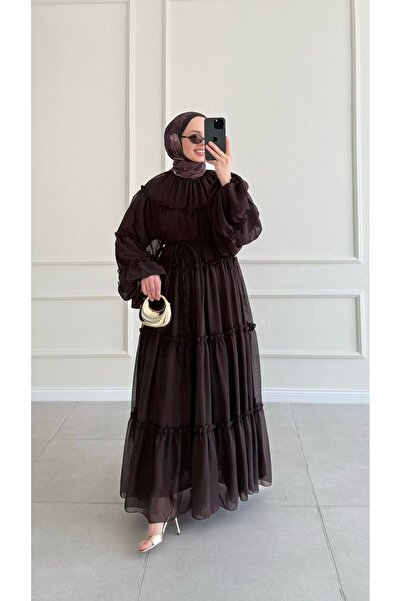 Sara Deluxe فستان حجاب شيفون متعدد الطبقات مبطن بحزام وطول ماكسي