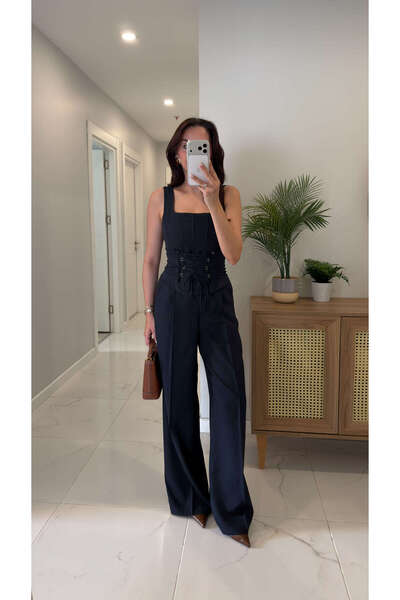 BİRCANÇİL Dellis Navy Blue Corset Blouse Pants Set