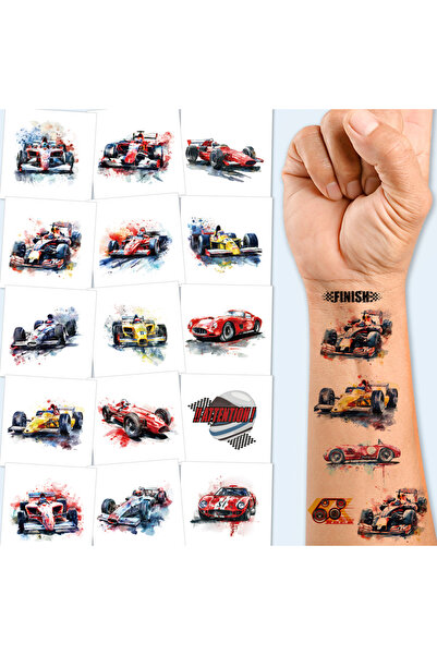 Choice Red Watercolor Race Car Temporary Tattoos, Oblong Shaped Cool Racing C...