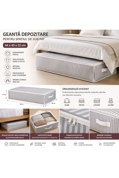 ALAS Underbed storage Bag , 64x45x22 cm, grey striped pattern