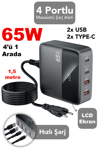 mimtec 65W Masaüstü Şarj Cihazı - 4 Portlu LCD Ekran 1,5m Kablolu Type-C USB ...