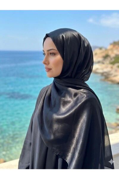 ŞALSERA Şifon Saten Siyah Şal ,Parlak Yüzey İpeksi Dokunuş