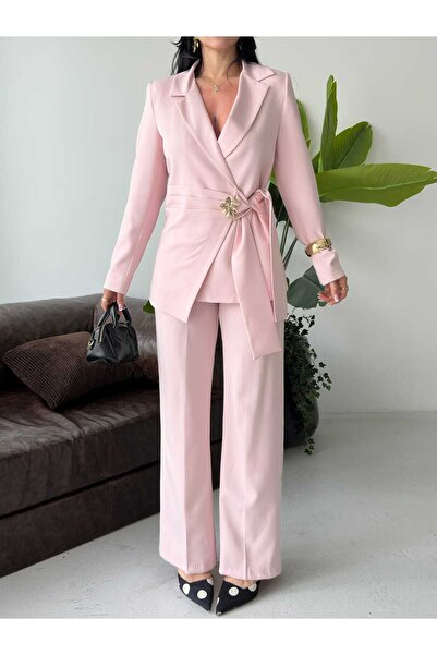 Moda İkra Blazer Jacket Wide Leg Pants Set with a Wide Fabric Belt Tied at th...