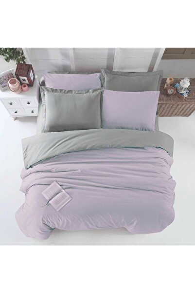 BAYÇAĞRI Double Fitted Sheet Duvet Cover Set Cotton Four Season Lilac Gray