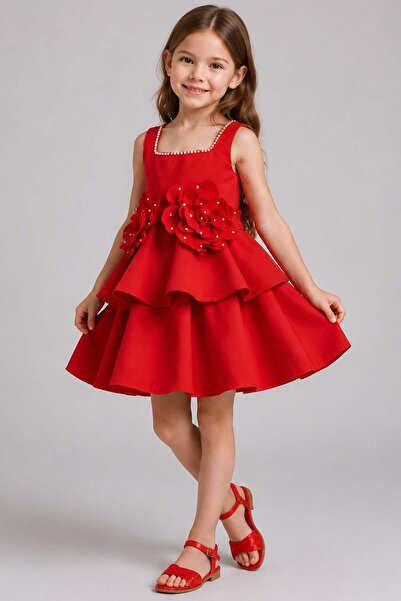 Riccotarz Girl's Strappy Square Neckline Red Dress with Floral Brooch Detail ...