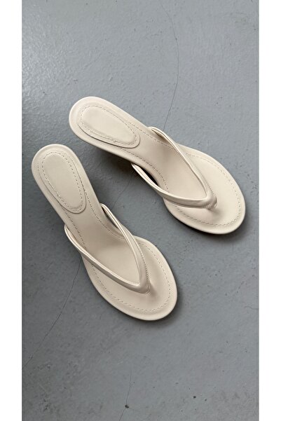 Eataly Shoes Arel Beige Matte Leather Flip-Flop Heeled Slippers