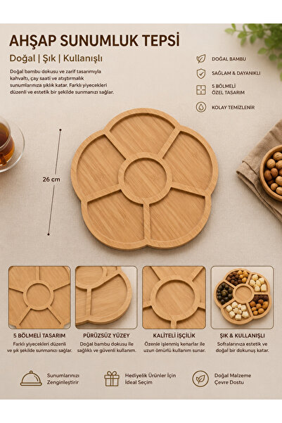 Ahşap Presentation Tray – 5-Compartment Round Design