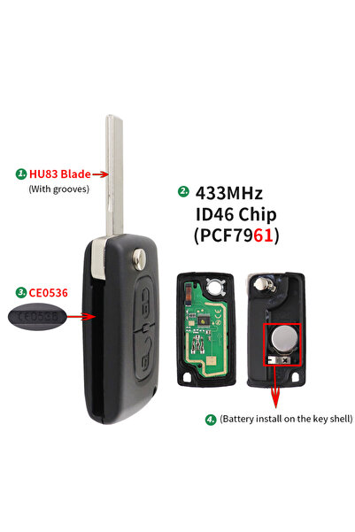 Choice4 HU83 CE0536 ASK 2 Button 433Mhz ID46 PCF7961 Chip For Peugeot 207 307...