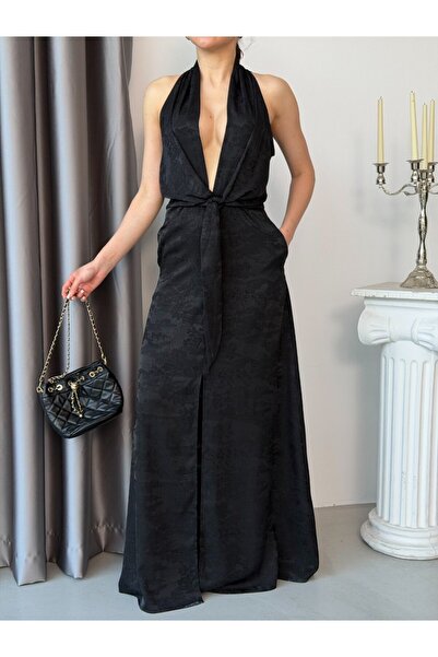 LOKADI Women's Jacquard Patterned Halter Neck Tie-Waist Slit Satin Evening Dress