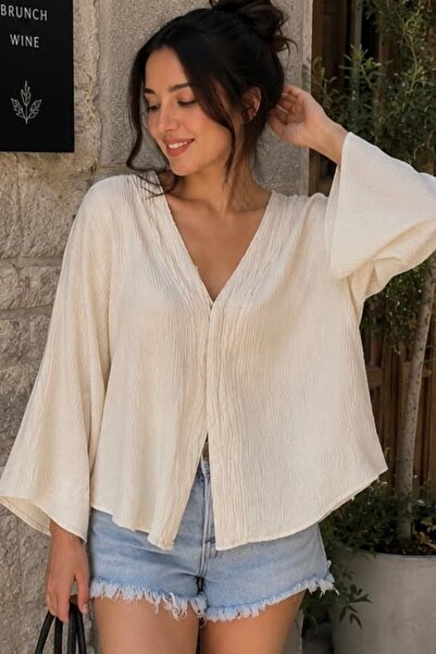 bb butik basic Women's Muslin Oversize Blouse Loose Cut Summer Basic Jacket M...