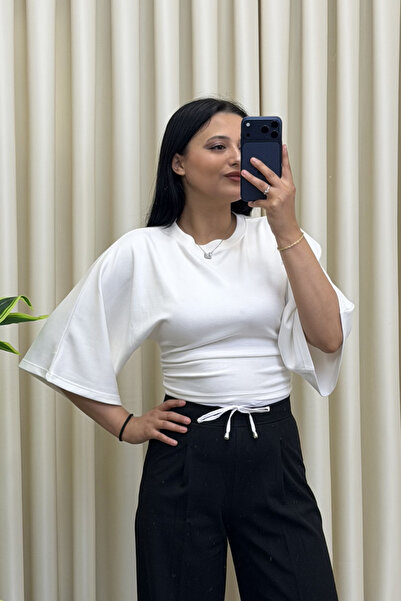 MİROR Women's White Ruffle Detail Bat Sleeve Blouse