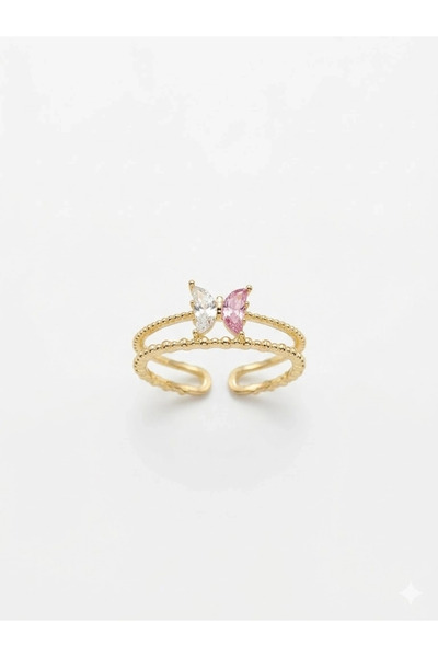 Twin Store Double Ring Design Detailed Stone Ring - Yz0251