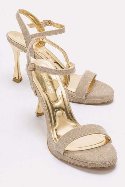 CCWAY AYAKKABI Women's Single Strap Heeled Sandals; Gold Glitter