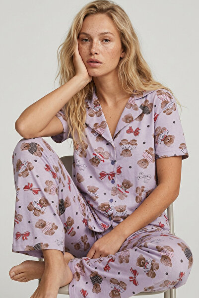 Siyah İnci Lilac Teddy Bear Patterned Seasonal Thin Buttoned Knitted Pajama S...
