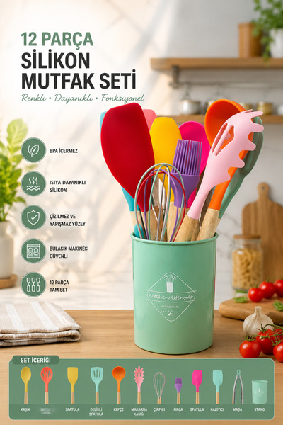 Karçiçeği Home 12’li Silikon Mutfak Seti Ahşap Saplı | Isıya Dayanıklı Renkli...