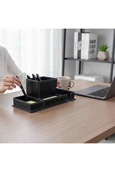 Rubicon Tabletop Faux Leather Stylish Pen Holder Notepad Holder 4 Compartments (27.5 X 10.5 X 10.5 cm)