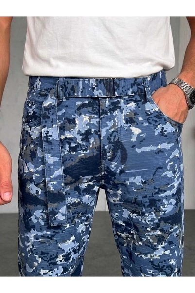 Wonraces Men's Navy Blue Baggy Self-Belted Camouflage Linen Washed Summer Trousers
