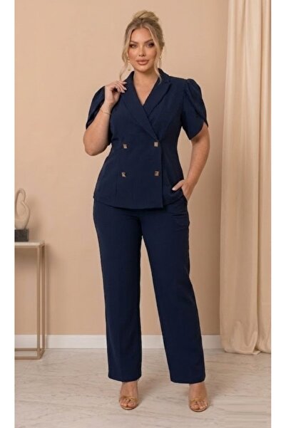 Butik Nilyam Women's Plus Size Double Breasted Collar Short Sleeve Button Det...