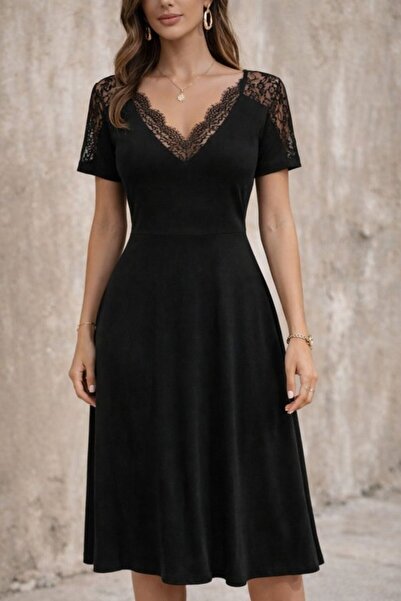 Generic Brand Women's Short Sleeve V Lace Collar Midi Viscose Dress