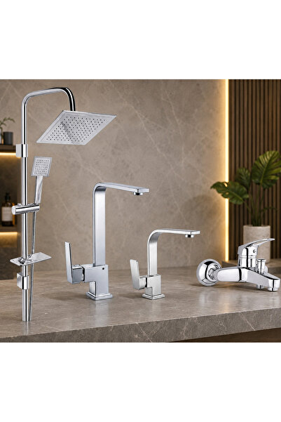 MUSLUQ Krom 4 parça banyo seti robot duş paneli mutfak bataryası lavabo muslu...