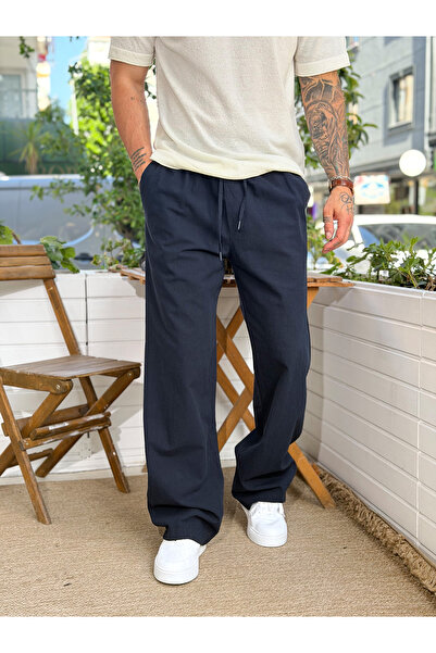 manch collection Drawstring Waist Basic Baggy Linen Trousers Navy Blue