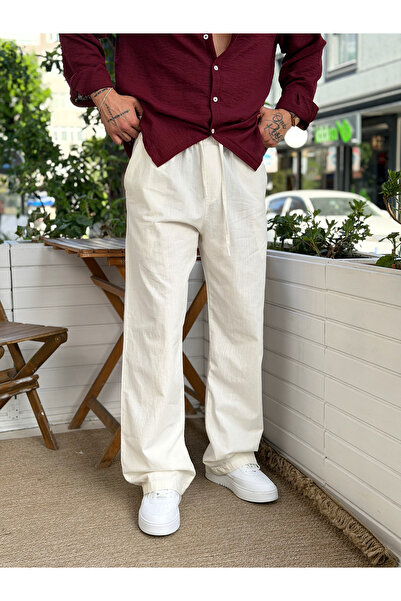 manch collection Drawstring Waist Basic Baggy Linen Trousers White
