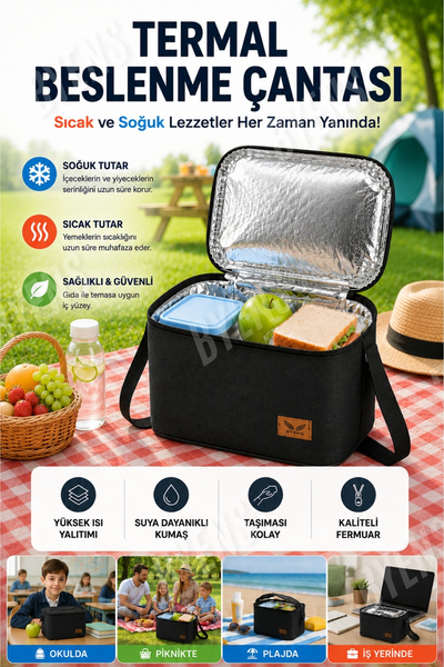 BYENS Termal Çanta Beslenme Çantası Isı Yalıtımlı Kız Erkek Çocuk Okul Yemek Taşıma Termoslu Soğutucu Soğuk Tutan Kamp Termos 7,5 Litre