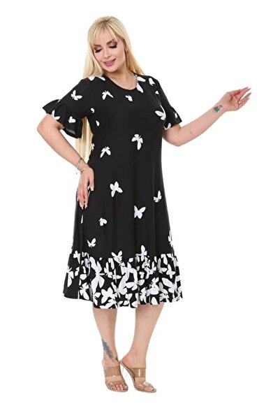 Hazinedan Plus Size Mom K Ruffle Pocket Short Sleeve Butterfly Print Dress