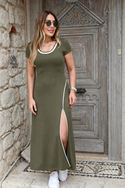 moda wanilia Γυναικείο μακρύ καλοκαιρινό φόρεμα από βισκόζη με σκίσιμο και λα...
