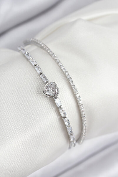 Generic Brand Brass Zircon Stone Heart Model Silver Color Women's Bracelet 5886