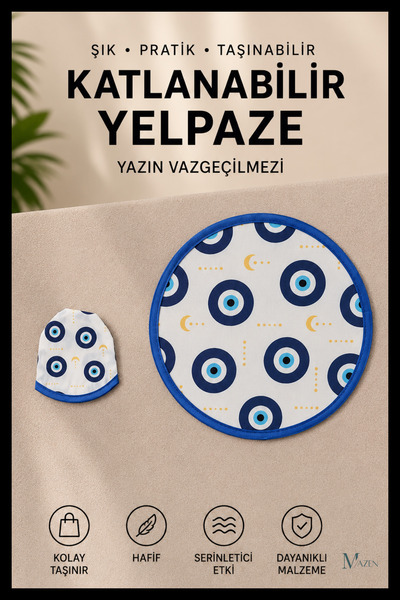 MAZEN Hilal Nazar Boncuğu Desenli Katlanabilir Yuvarlak Yazlık Taşınabilir El...
