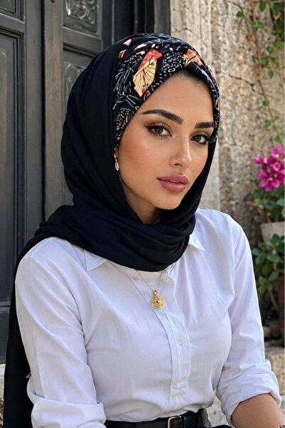 Aişe tesettür Black Flower Pattern Ready Shawl