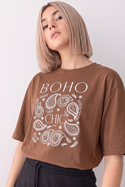 The Champ Clothing Women's Oversize T-Shirt Boho Chic Printed Brown – Crew Ne...