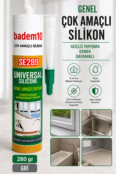 Badem10 Genel Çok Amaçlı Silikon 280 GR Antrasit Gri Güçlü Yapıştırıcı Suya D...