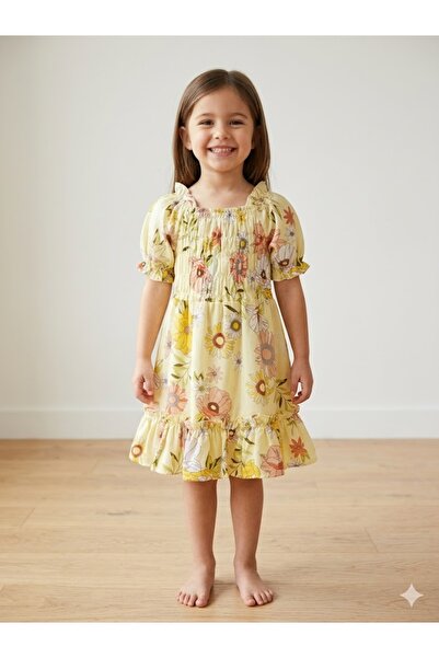 Motebarn Wear Girl's Floral Gathered Cotton Woven Fabric Dress