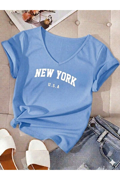 FAVORİST Women's New York Usa Printed V-Neck T-Shirt