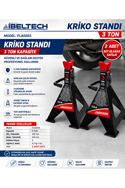 İBELTECH Profesyonel 3 Ton Kriko Stantı 2’li Araç Sehpası Set Halinde TÜV Ser...