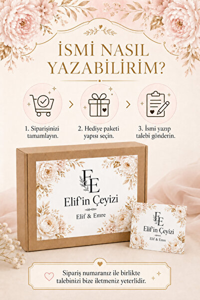 cabuk baskı İsme Özel Çeyiz Koli Etiketi 10 Adet A4 Ekru Çiçekli Gold Yatay Tasarım Gelin Çeyizi Etiketi