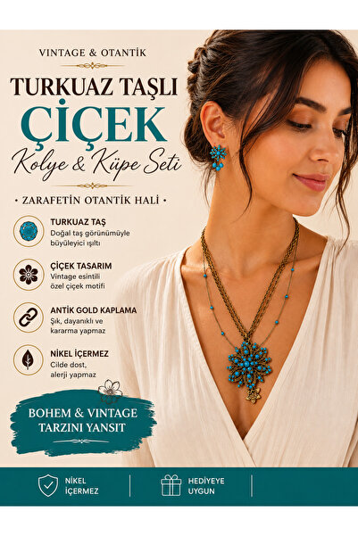 ELUNE İSTANBUL & MİLANO VINTAGE TURKUAZ TAŞLI ÇİÇEK KOLYE & KÜPE SETİ