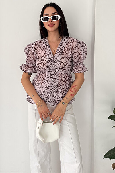 Noa&Noa Women's Polka Dot Chiffon Blouse V-Neck Buttoned Balloon Sleeve Blouse